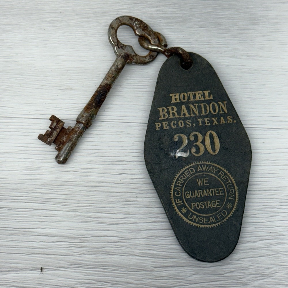 Vintage HOTEL BRANDON Room Key Skeleton Key Room 230 PECOS TEXAS